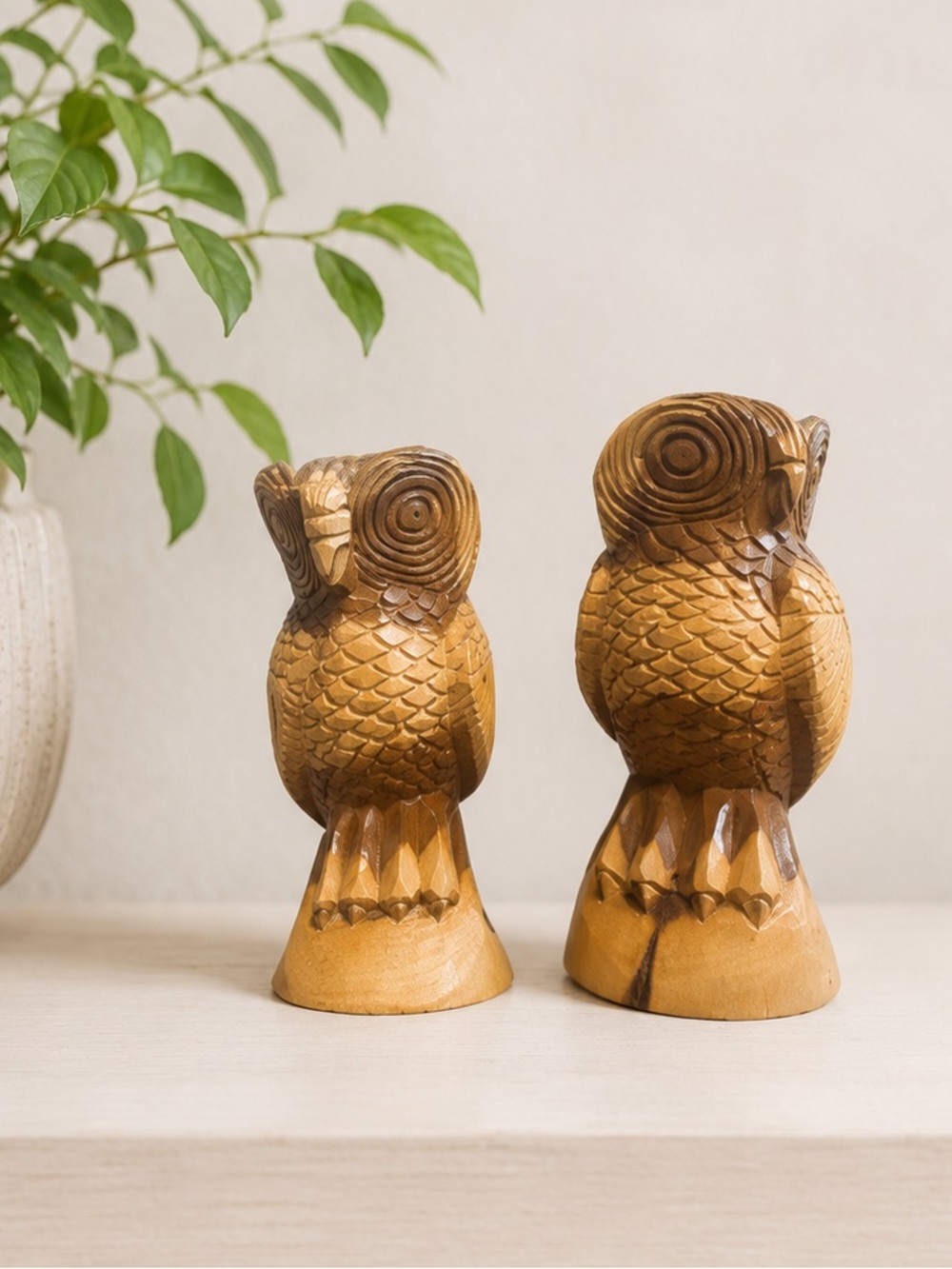 Vintage Nassau Owl Carvings Paul Higgs 1986 Hand Carved Wooden Owls Set of 2